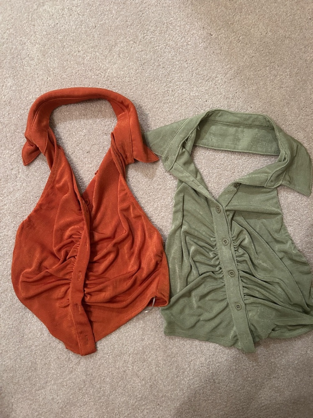 Princess Polly Halter Ruched Button-Front Top Duo - Rust Orange & Sage Green